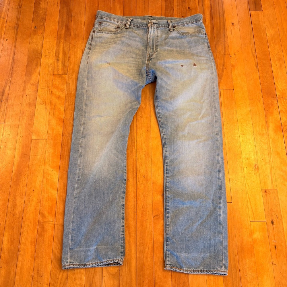 LEVI'S 504 Light Blue Wash, Distressed Men's Straight Leg Jeans - 36W 32L